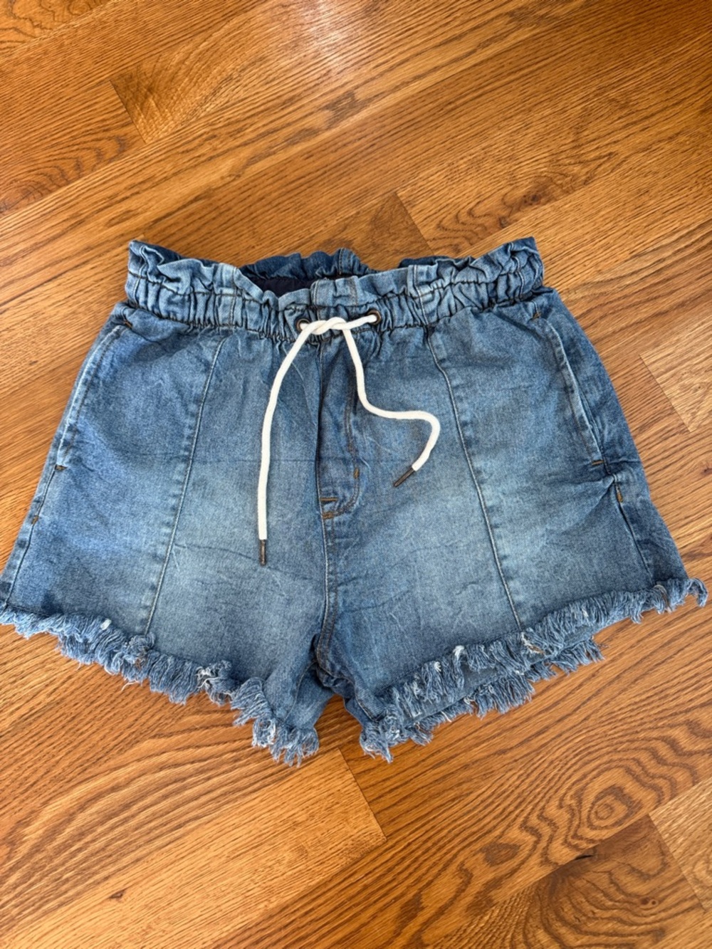 Kensie High Rise Denim Shorts Paperbag Waist Drawstring Size 10